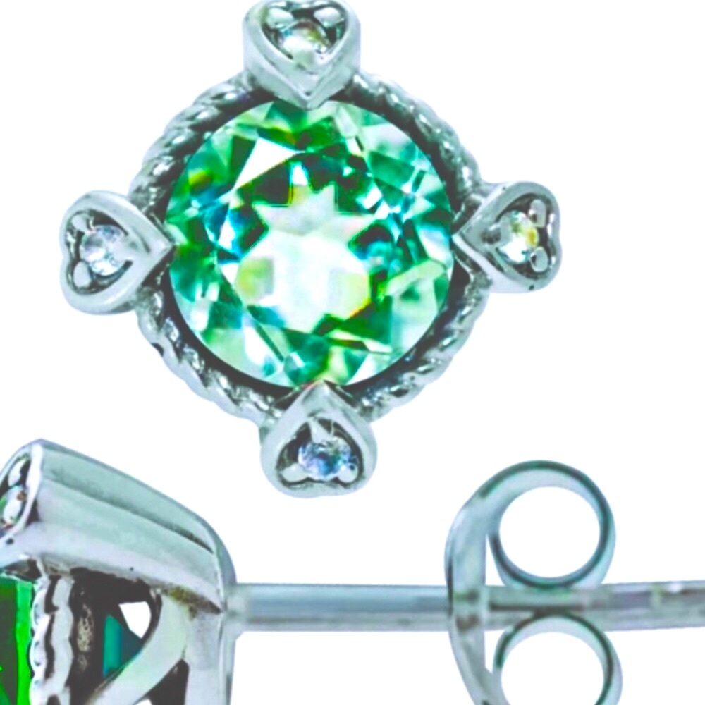 14K Prasiolite Diamond Hearts Cable Cushion Earrings - Picture 5 of 9